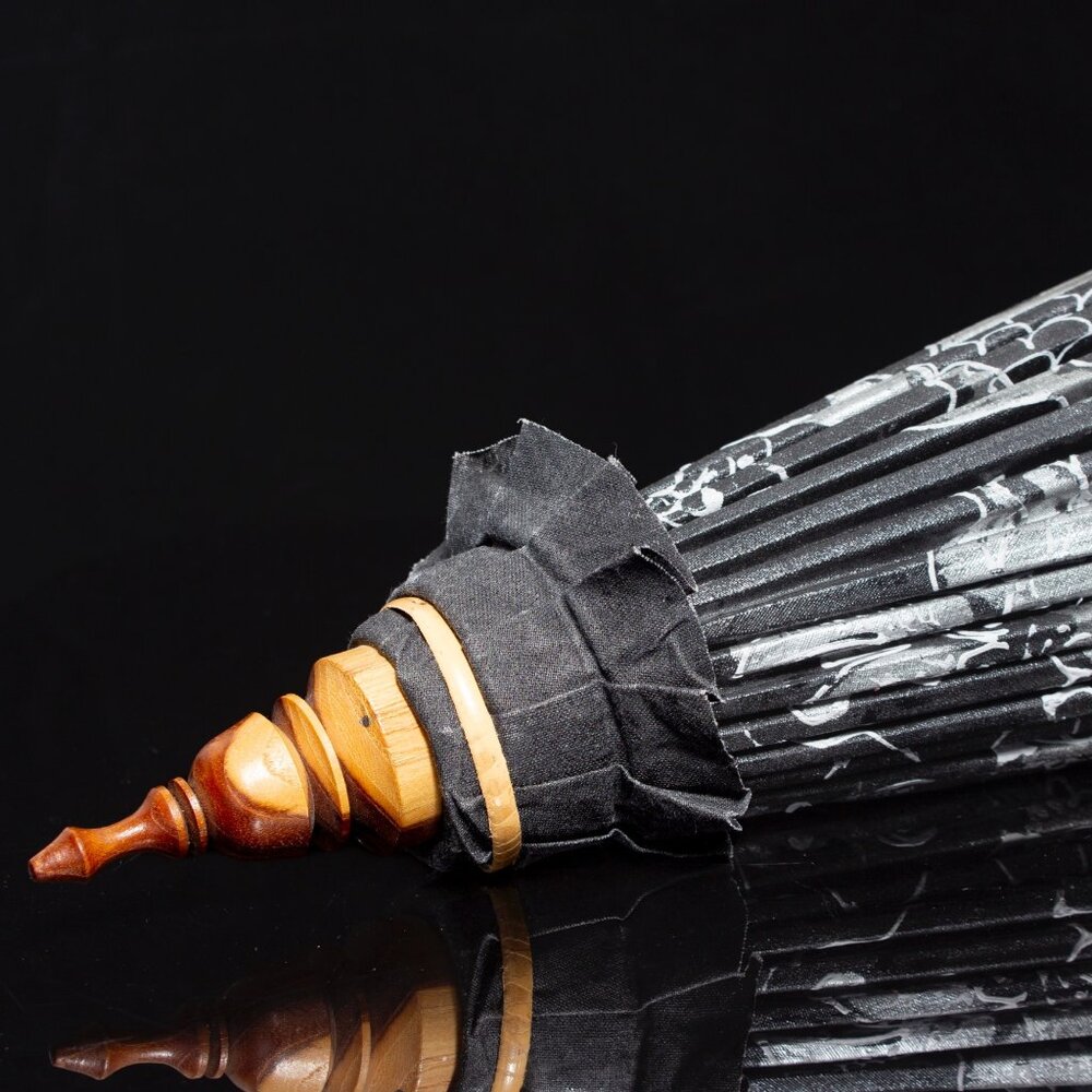 Vintage Chinese Black Paper Parasol With Silver Dragon Design - Picture 10 of 10